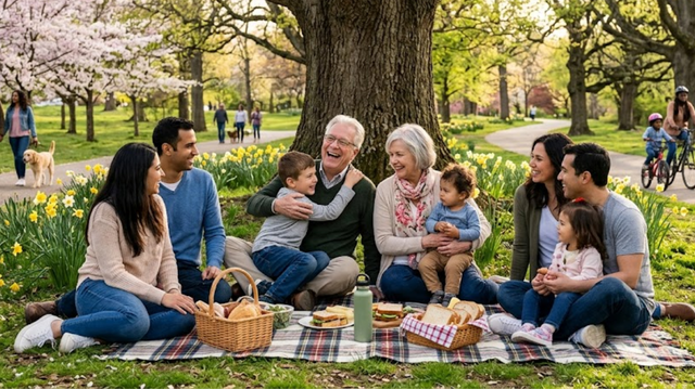 A happy family relaxing in a park, smiling and at peace knowing their final expense insurance has them protected.